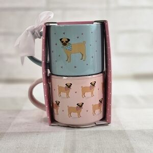 Elum Home Valentine's Day Pug Cute Dog Hearts Set of 2 Ceramic Mugs 16 oz New